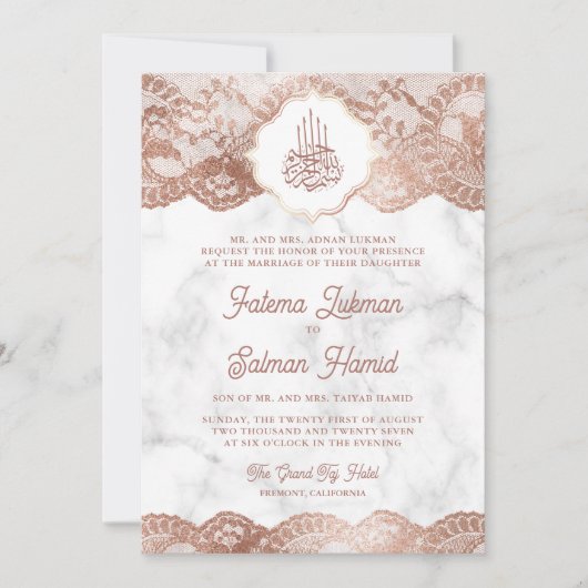 Wit Marmeren Roos Gouden Kant QR Code Moslim Bruil Kaart (Voorkant)