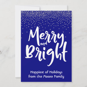 Wit Merry and Bright met marineblauw & zilver conf Feestdagenkaart