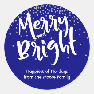 Wit Merry and Bright met marineblauw & zilver conf Ronde Sticker
