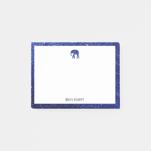 Wit met Blauwe Glitter Olifant & Rand w / Naam Post-it® Notes (Voorkant)