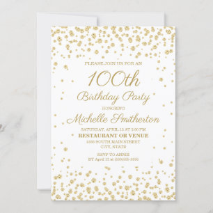Wit met gouden glitters 100ste verjaardagsfeestje kaart