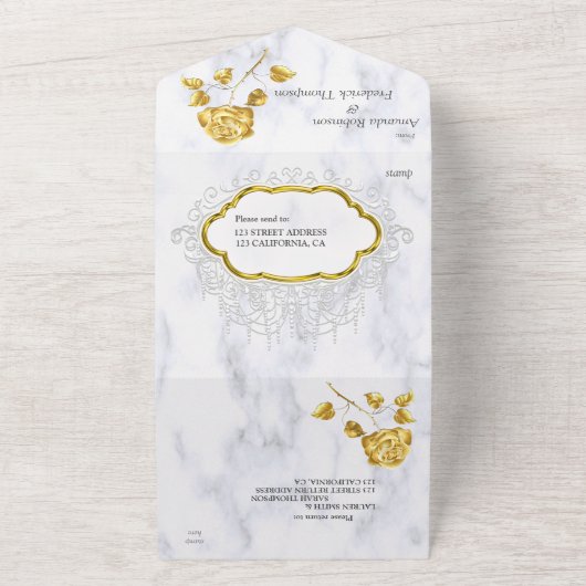 Wit met Gouden kant en Rozen All In One Uitnodiging (Buitenkant)