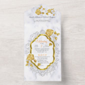 Wit met Gouden kant en Rozen All In One Uitnodiging (Binnen)