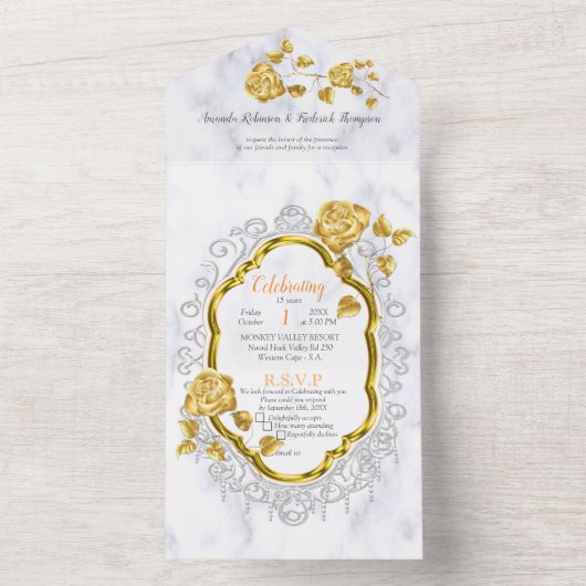 Wit met Gouden kant en Rozen All In One Uitnodiging (Binnen)