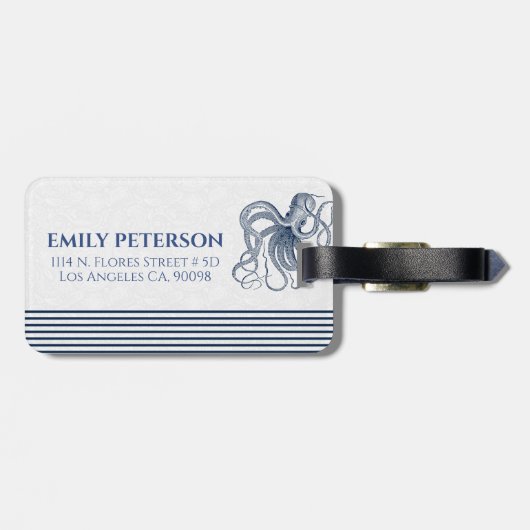 Wit met marineblauw octopus en stripes bagagelabel (Achterkant horizontaal)