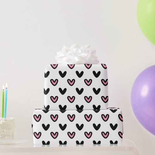 Wit met roze en zwarte harten cadeaupapier (Feestgeschenken)
