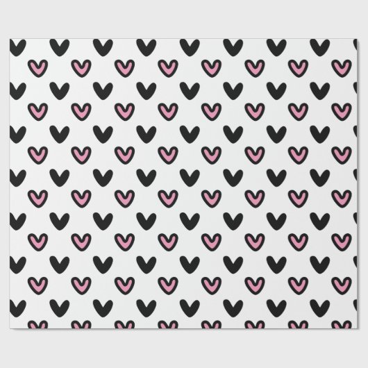 Wit met roze en zwarte harten cadeaupapier (Vlak)