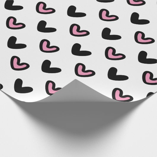 Wit met roze en zwarte harten cadeaupapier (Hoek)