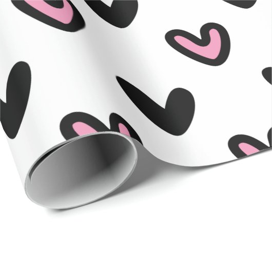 Wit met roze en zwarte harten cadeaupapier (Rol Hoek)