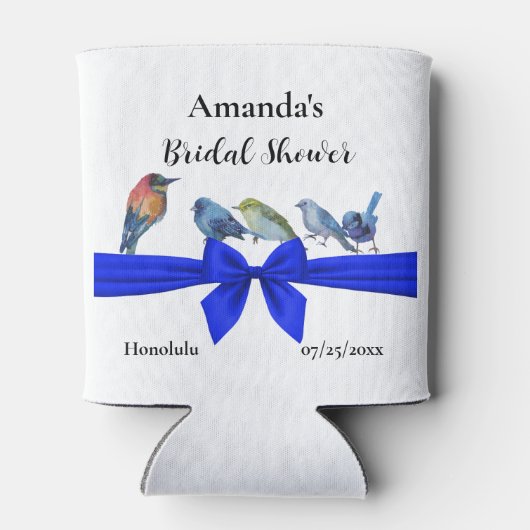 Wit met Vogels op een Blauw Lint Bruidsfeest Blikjeskoeler (Achterkant)