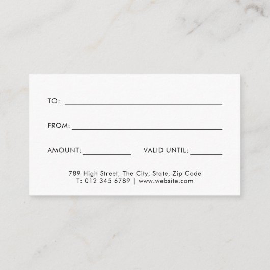 Wit minimalistisch modern cadeaubon notitiekaartje (Achterkant)