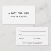 Wit minimalistisch modern cadeaubon notitiekaartje (Voorkant / Achterkant)