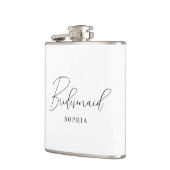 Wit Minimalistisch Script Typografie Bruidsmeisje Heupfles (Links)