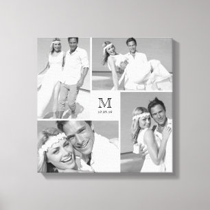 Wit Modern Grid Monogram Bruiloft 4 Fotocollage Canvas Afdruk