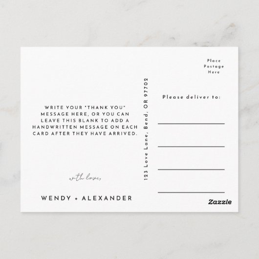 Wit Modern Script Bruiloft Dank u Briefkaart (Achterkant)