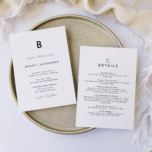 Wit Modern Script Monogram Bruiloft Details en Kaart