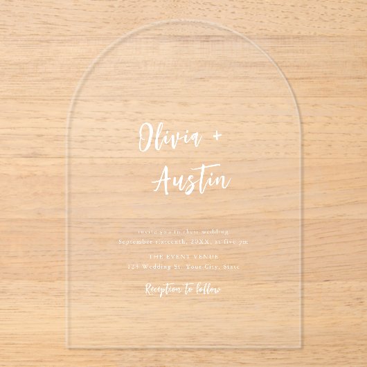 Wit Moderne Chic Script Minimalistische Trouwdag Acryl Uitnodigingen (Voorkant)