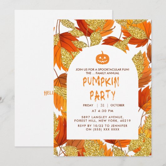 Wit | Moderne faux glitter verlaat Halloween Kaart (Voorkant / Achterkant)