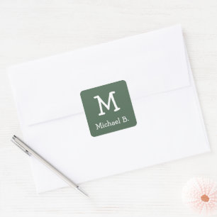 Wit Monogram en Naam op Groen Rond Plein Vierkante Sticker