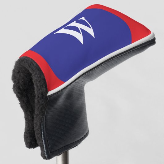 Wit monogram rood blauw golfheadcover (3/4 voorkant)