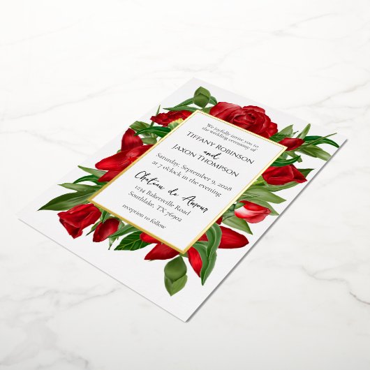 Wit Mooi Rood Bloemen Boeket Echt Folie Uitnodiging (Gedraaid)