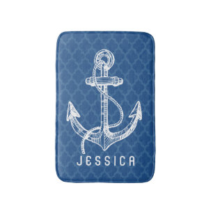 Wit & Navy Blauw nautische Boot Anker & Wiel 2 Badmat