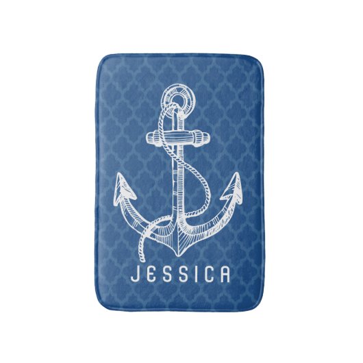 Wit & Navy Blauw nautische Boot Anker & Wiel 2 Badmat (Voorkant Verticaal)
