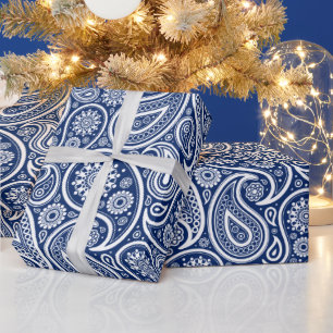Wit op blauw paisleypatroon cadeaupapier