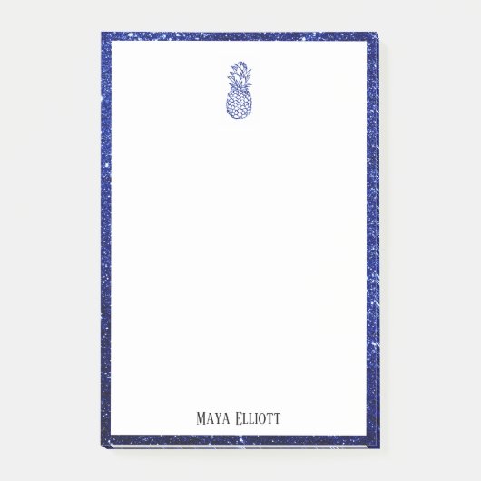 Wit op Blauwe Faux Glitter Ananas & Rand Post-it® Notes (Voorkant)