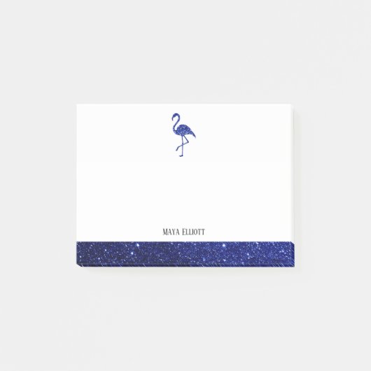 Wit op Blauwe Faux Glitter Flamingo & Rand, Naam Post-it® Notes (Voorkant)
