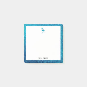 Wit op Blauwgroen Faux Glitter Flamingo & Border, Post-it® Notes