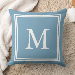 Wit op Carolina Blauwe Dubbele Frame Monogram Kussen