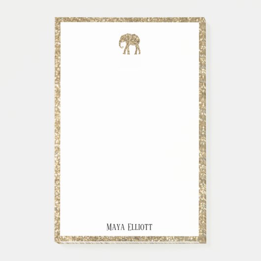 Wit op Gouden Faux Glitter Olifant & Rand, Naam Post-it® Notes (Voorkant)