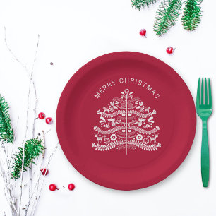 Wit op Rode Scandinavische Nordic Christmas Tree Papieren Bordje
