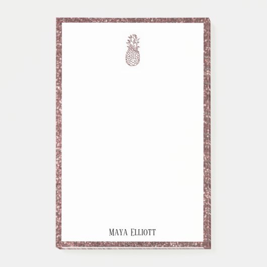 Wit op Roos Gouden Faux Glitter Ananas & Rand Post-it® Notes (Voorkant)