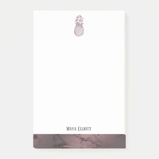 Wit op Roos Gouden Marmeren Ananas & Rand, Naam Post-it® Notes (Voorkant)