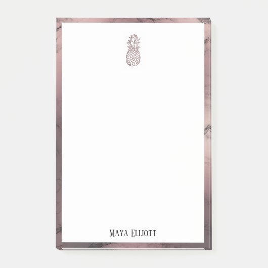 Wit op Roos Gouden Marmeren Ananas & Rand, Naam Post-it® Notes (Voorkant)