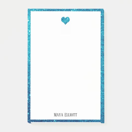 Wit op Teal Nep Glitter Hart & Rand, Naam Post-it® Notes (Voorkant)