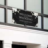 Wit op zwart Bloemen Welkom op onze bruiloft lette Spandoek (Buitenkant Gebouw)