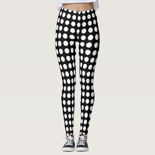 Wit op Zwart Medium Size Horizontale Polka Dots Leggings (Voorkant)