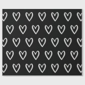 Wit op zwarte handgetekende harten cadeaupapier (Vlak)