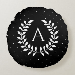 Wit Op Zwarte Lauwerier Monogram Stippenpatroon Rond Kussen