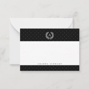 Wit Op Zwarte Lauwerkrans Monogram Stippenpatroon Notitiekaartje