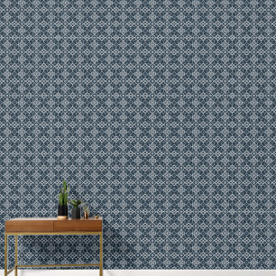 Wit Ornament op donkerblauw patroon Behang