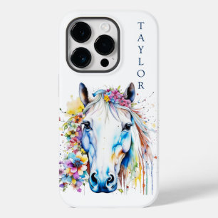  wit paard bloemen gepersonaliseerd Case-Mate iPhone 14 pro hoesje
