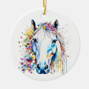 wit paard bloemen gepersonaliseerd keramisch ornament