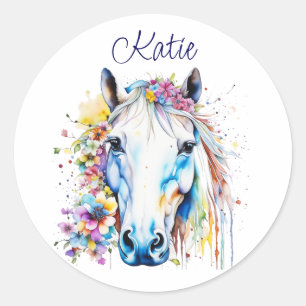 wit paard bloemen gepersonaliseerd ronde sticker