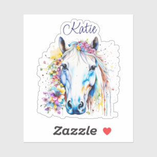 wit paard bloemen gepersonaliseerd sticker