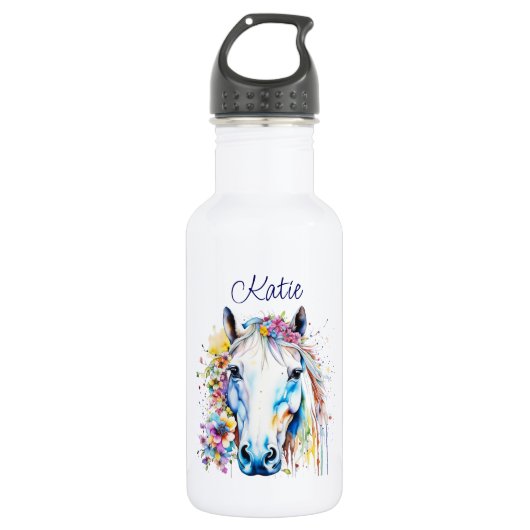  wit paard bloemen gepersonaliseerd waterfles  (Voorkant)