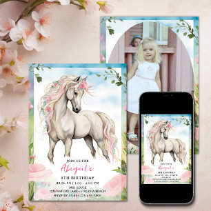 Wit Paard en Roze Bloemen Foto Verjaardag Kaart